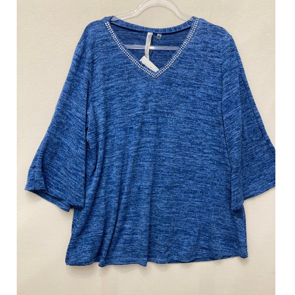 NWT NY Collection V-Neck Studded Top size 3X Blue Space Dye Stretch Knit Comfy